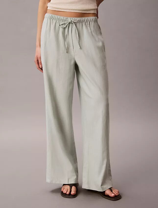 Pantalones anchos con cordón de mezcla de lino Pantalones anchos con cordón de mezcla de lino