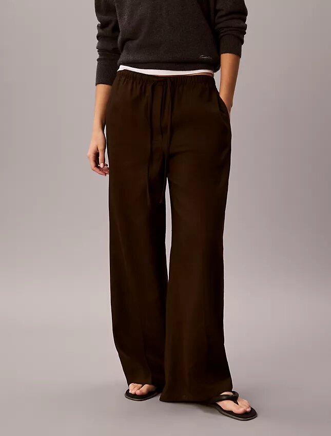 Pantalones anchos con cordón de mezcla de lino Pantalones anchos con cordón de mezcla de lino