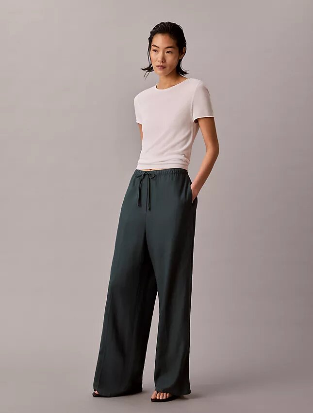 Pantalones anchos con cordón de mezcla de lino Pantalones anchos con cordón de mezcla de lino