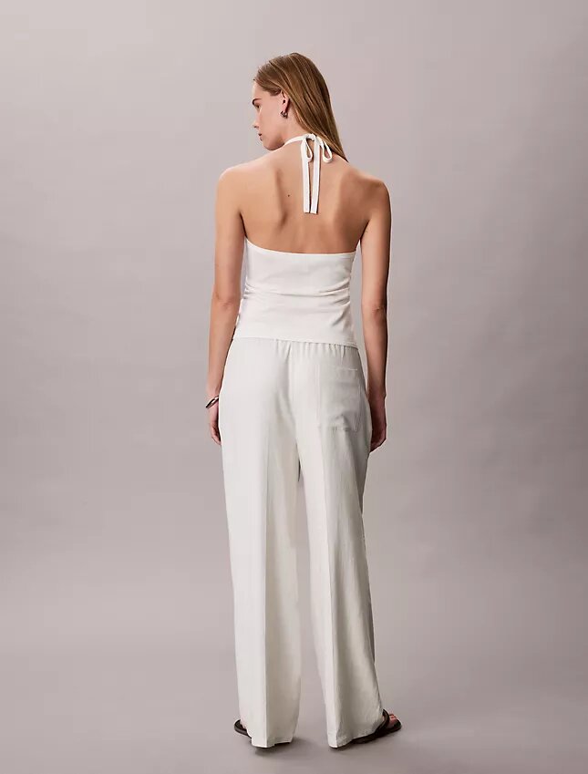 Pantalones anchos con cordón de mezcla de lino Pantalones anchos con cordón de mezcla de lino