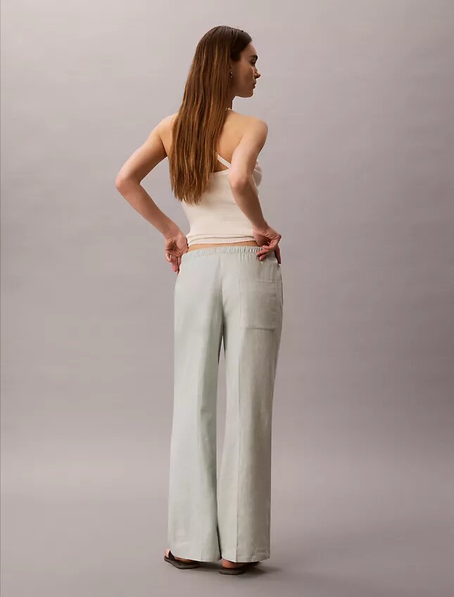 Pantalones anchos con cordón de mezcla de lino Pantalones anchos con cordón de mezcla de lino