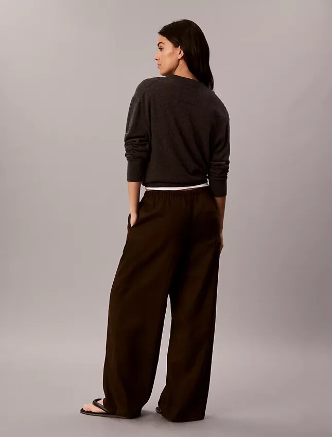Pantalones anchos con cordón de mezcla de lino Pantalones anchos con cordón de mezcla de lino