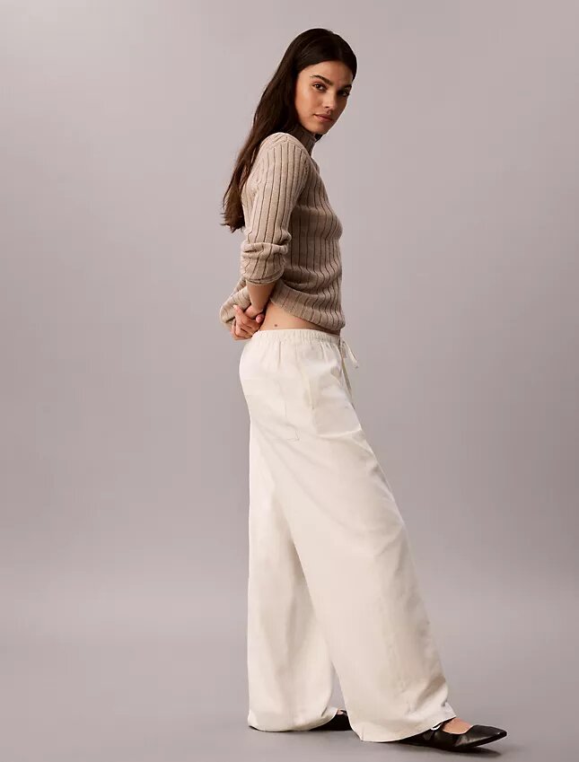 Pantalones anchos con cordón de mezcla de lino Pantalones anchos con cordón de mezcla de lino