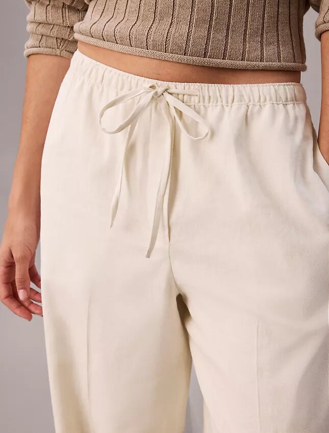 Pantalones anchos con cordón de mezcla de lino Pantalones anchos con cordón de mezcla de lino