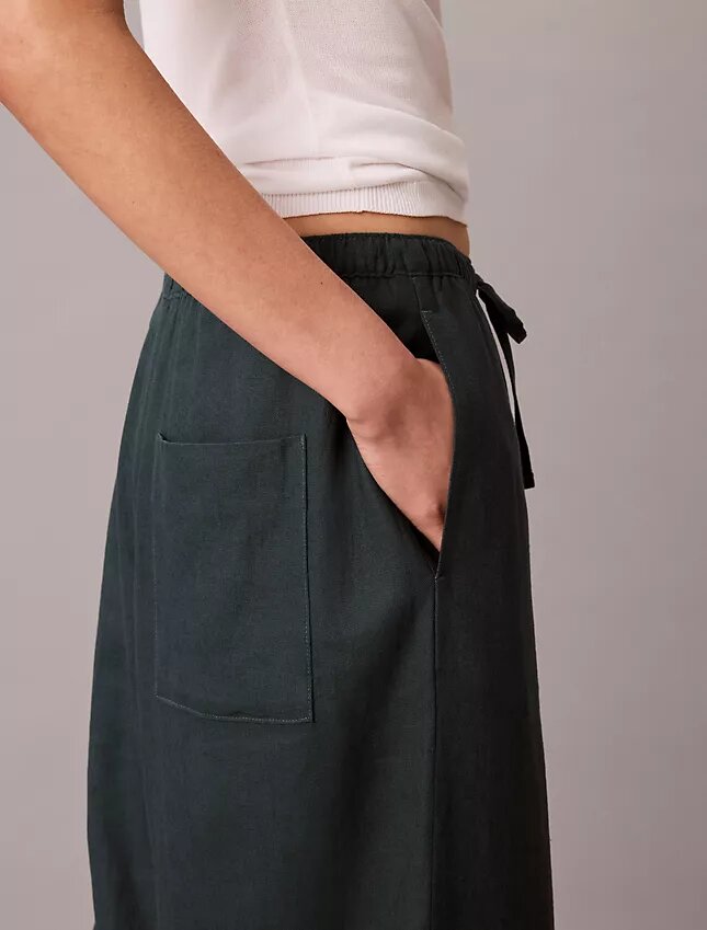 Pantalones anchos con cordón de mezcla de lino Pantalones anchos con cordón de mezcla de lino