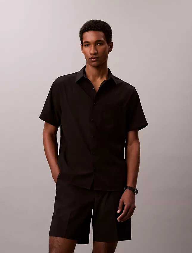 Pantalones cortos rectos de seersucker con cintura elástica de 18 cm Pantalones cortos rectos de seersucker con cintura elástica de 18 cm