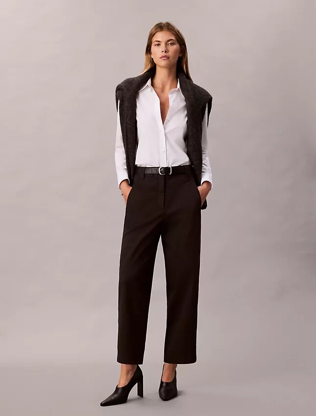 Pantalones de corte recto de sarga elástica de algodón Pantalones de corte recto de sarga elástica de algodón