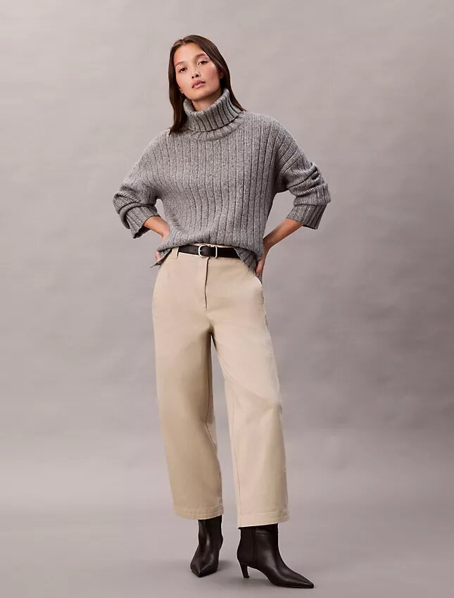 Pantalones de corte recto de sarga elástica de algodón Pantalones de corte recto de sarga elástica de algodón