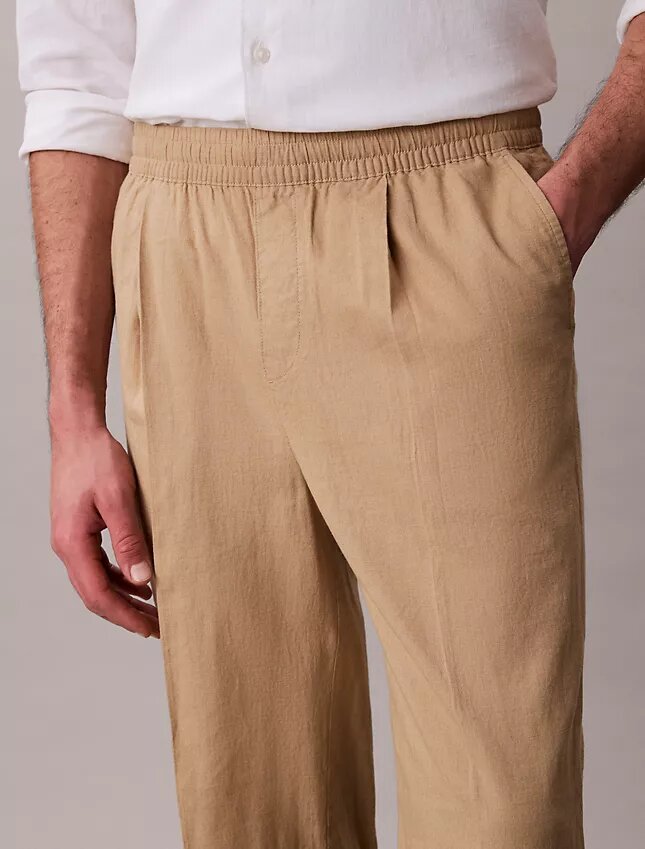 Pantalones sin cremallera con pliegues de mezcla de lino Pantalones sin cremallera con pliegues de mezcla de lino