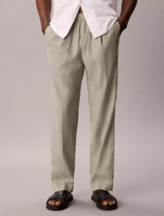 Pantalones sin cremallera con pliegues de mezcla de lino Pantalones sin cremallera con pliegues de mezcla de lino