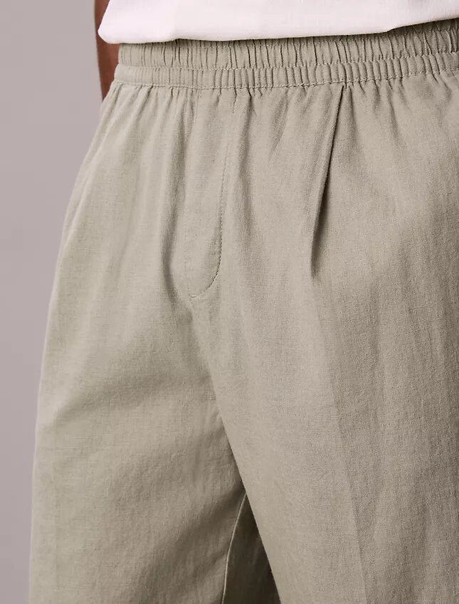 Pantalones sin cremallera con pliegues de mezcla de lino Pantalones sin cremallera con pliegues de mezcla de lino