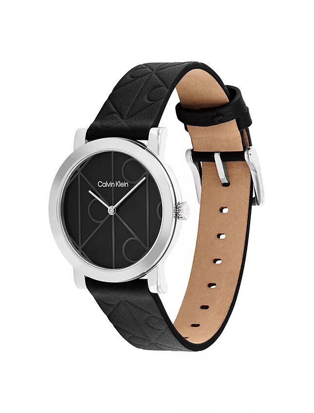 Reloj con esfera con emblema integral y correa de cuero Reloj con esfera con emblema integral y correa de cuero