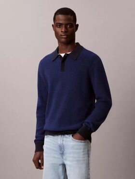 Suéter polo de algodón liso con tejido de panal Suéter polo de algodón liso con tejido de panal