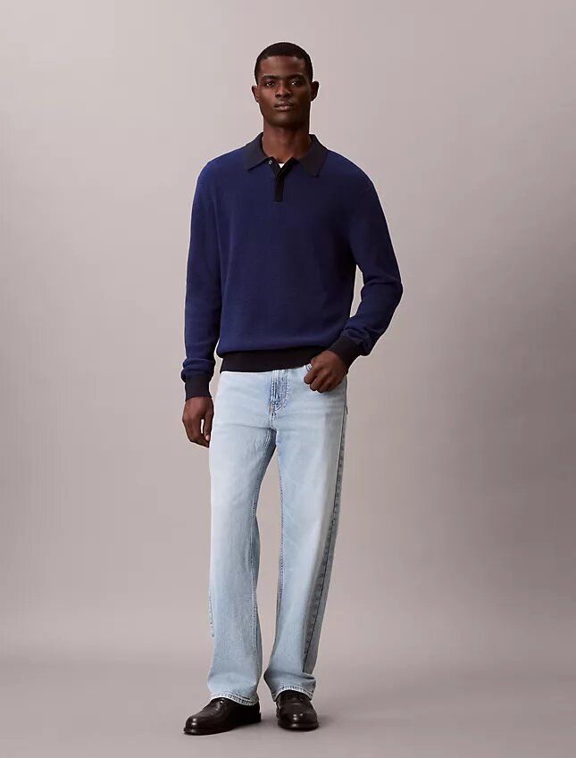 Suéter polo de algodón liso con tejido de panal Suéter polo de algodón liso con tejido de panal
