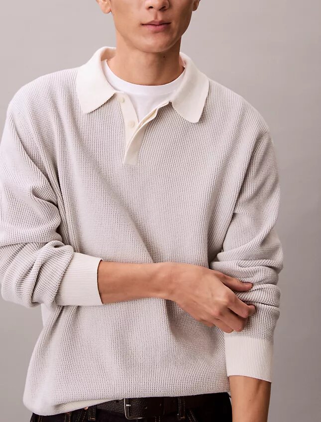 Suéter polo de algodón liso con tejido de panal Suéter polo de algodón liso con tejido de panal