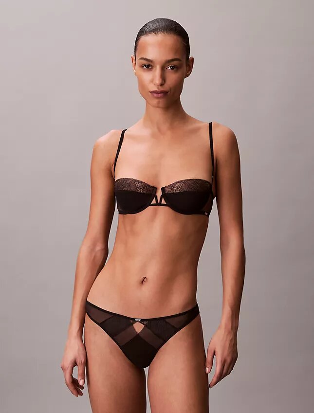Unlined balconette bra with geometric lace design in black CK Black Unlined balconette bra with geometric lace design in black CK Black