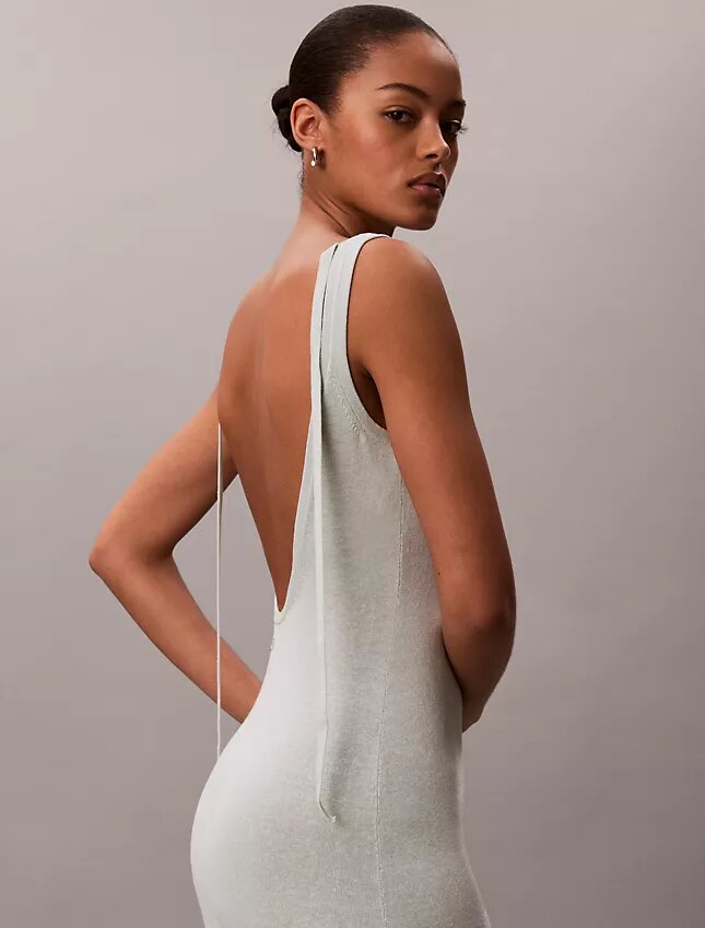 Vestido midi de cuello redondo en mezcla de lino Vestido midi de cuello redondo en mezcla de lino