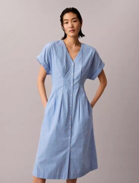 Vestido midi de popelín de algodón a rayas Vestido midi de popelín de algodón a rayas