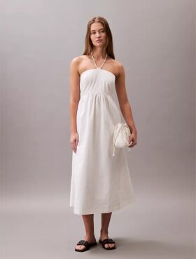 Vestido midi de sarga de algodón con cuello halter Vestido midi de sarga de algodón con cuello halter