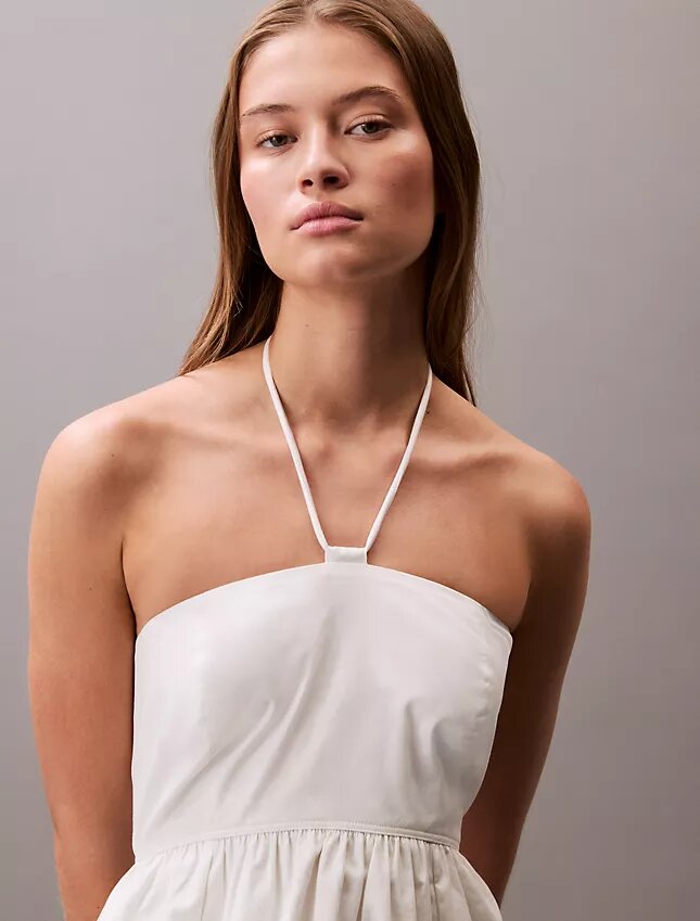 Vestido midi de sarga de algodón con cuello halter Vestido midi de sarga de algodón con cuello halter