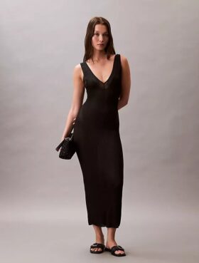 Vestido midi de viscosa acanalada Vestido midi de viscosa acanalada