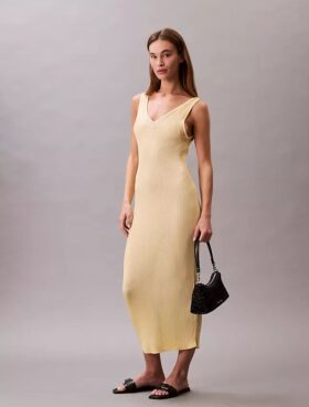 Vestido midi de viscosa acanalada Vestido midi de viscosa acanalada