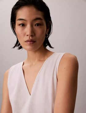 Vestido sin mangas con cuello en V y cinturón, mezcla de lino